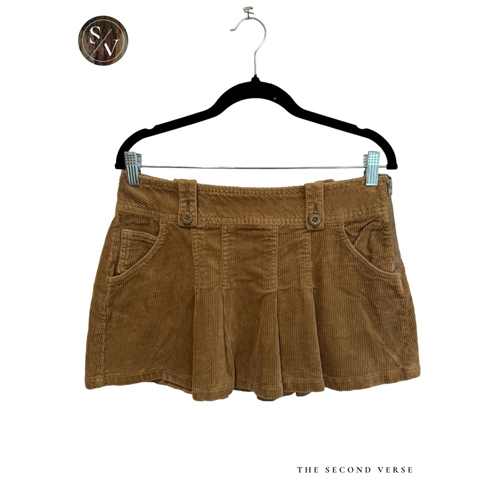Corduroy Women Tan Pleated Mini Skirt Y2K Preppy Retro Back To School Size Med